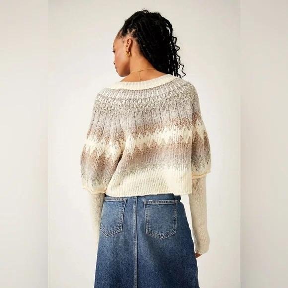 Free People Home For The Holidays Fair Isle Sweater Cream Gray XS - Picture 3 of 15